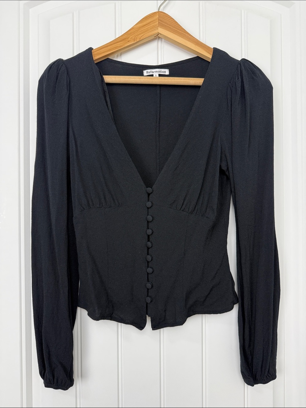 Reformation Nell Black V-Neck Button-Front Long Sleeve Top Size Small